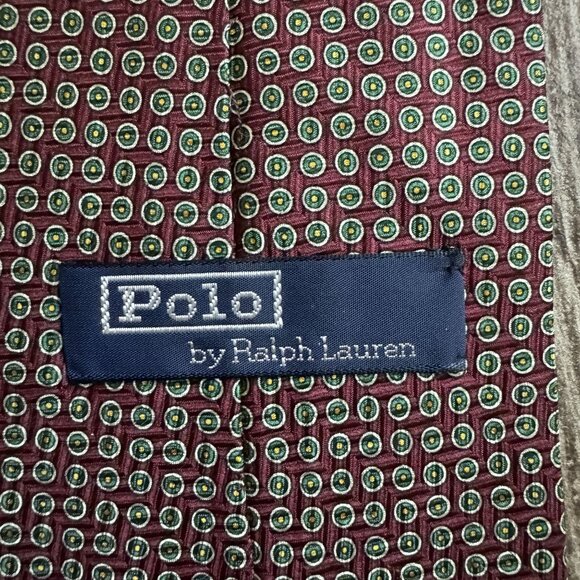 Polo By Ralph‎ Lauren Preppy Silk Tie Burgundy Green Gold Circles Handmade USA - Picture 3 of 7